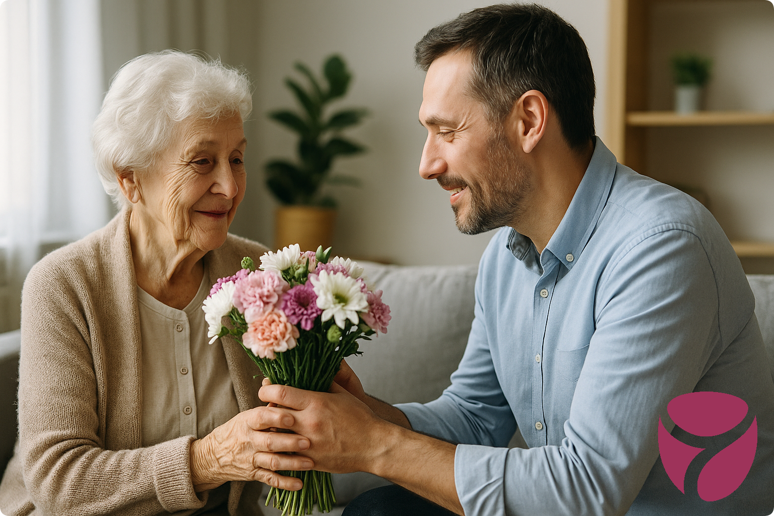 Мужчина дарит букет своей маме Мужчина дарит маме букет на День Матери