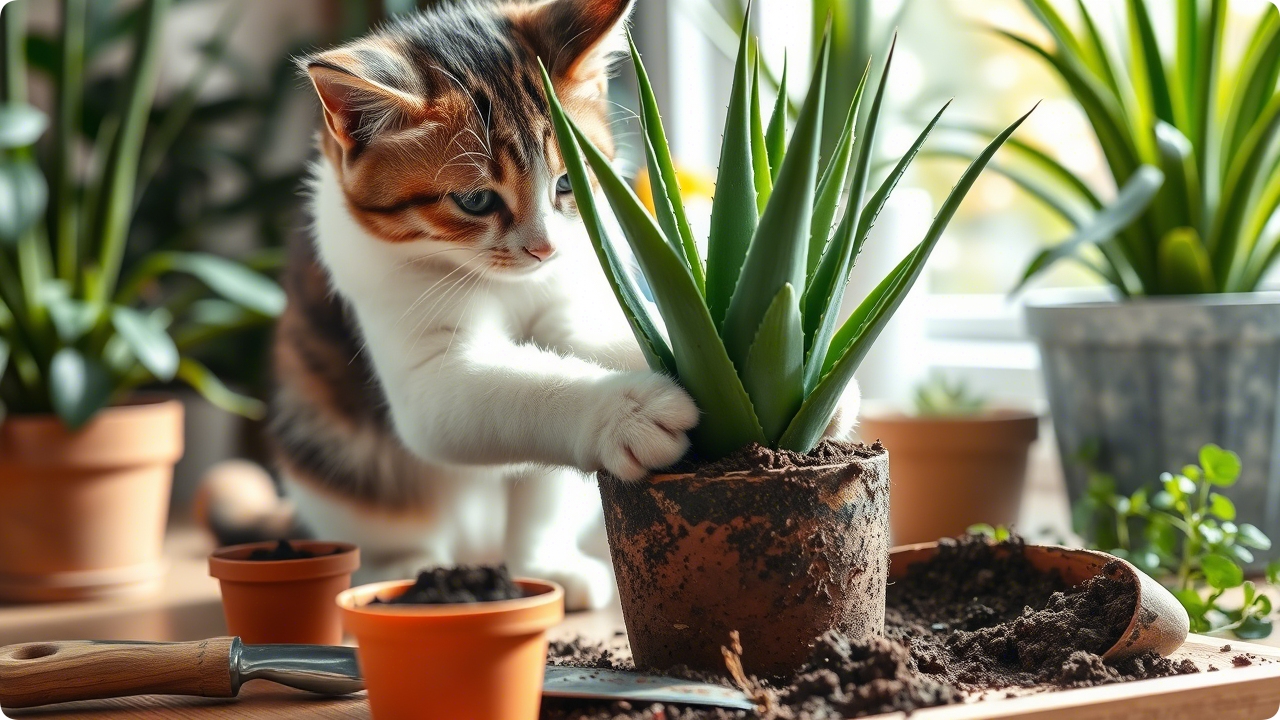 Кошка пересаживает растение Алоэ