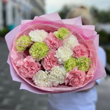 Розовая гвоздика, белые и зеленые диантусы
