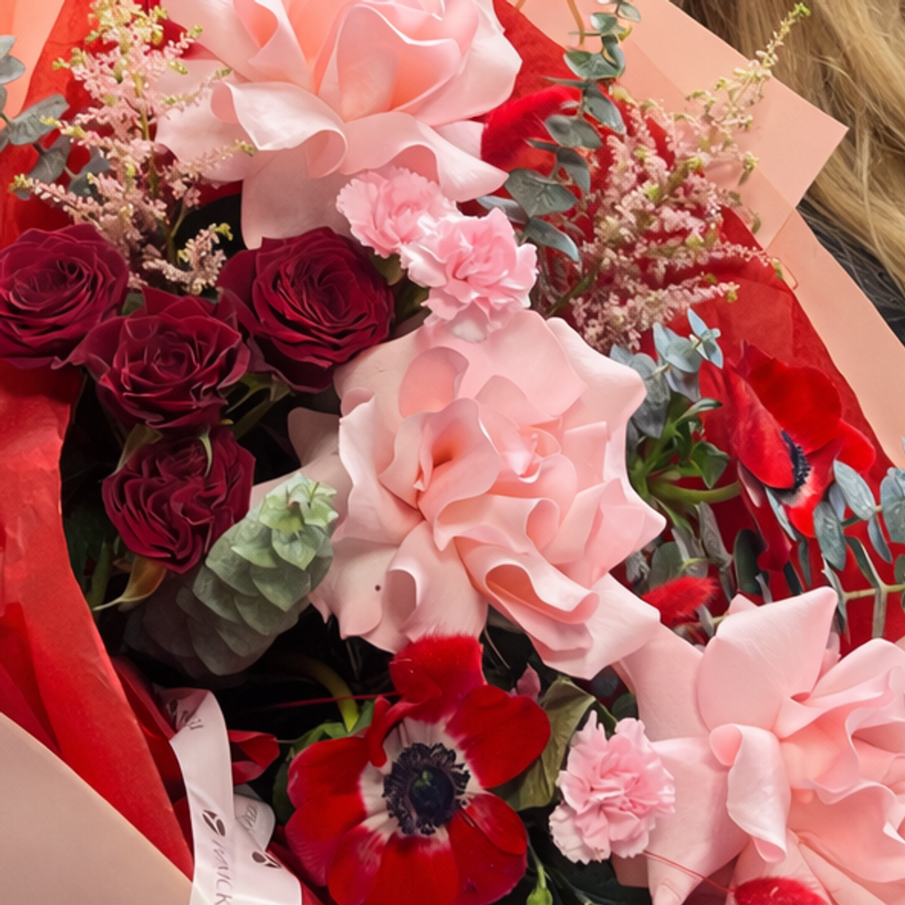 Букет из розовых французских роз с анемонами и кустовыми розами - РИМСКАЯ РОЗА фото №4