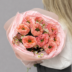 Букет из роз Мандарин Экспрешн (Mandarin Expression) 9 штук и хамелациума - РИМСКАЯ РОЗА фото №2