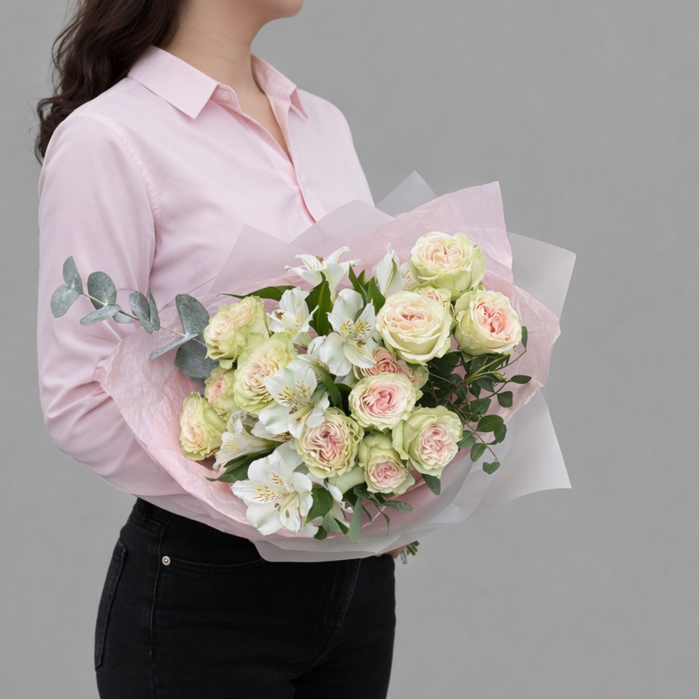 Букет из кустовых роз, альстромерий и веточек эвкалипта