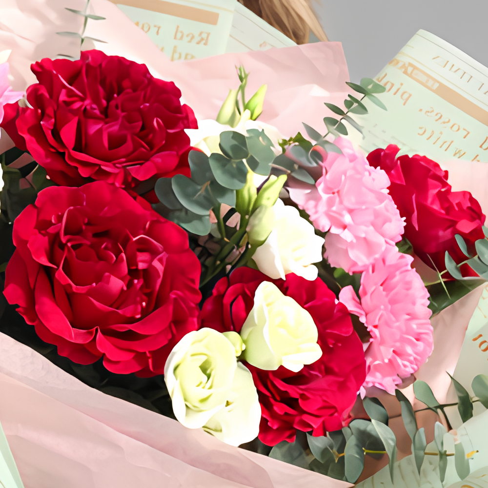 Букет из пионовидных роз, диантусов и эустомы в дизайнерской упаковке - РИМСКАЯ РОЗА фото №4