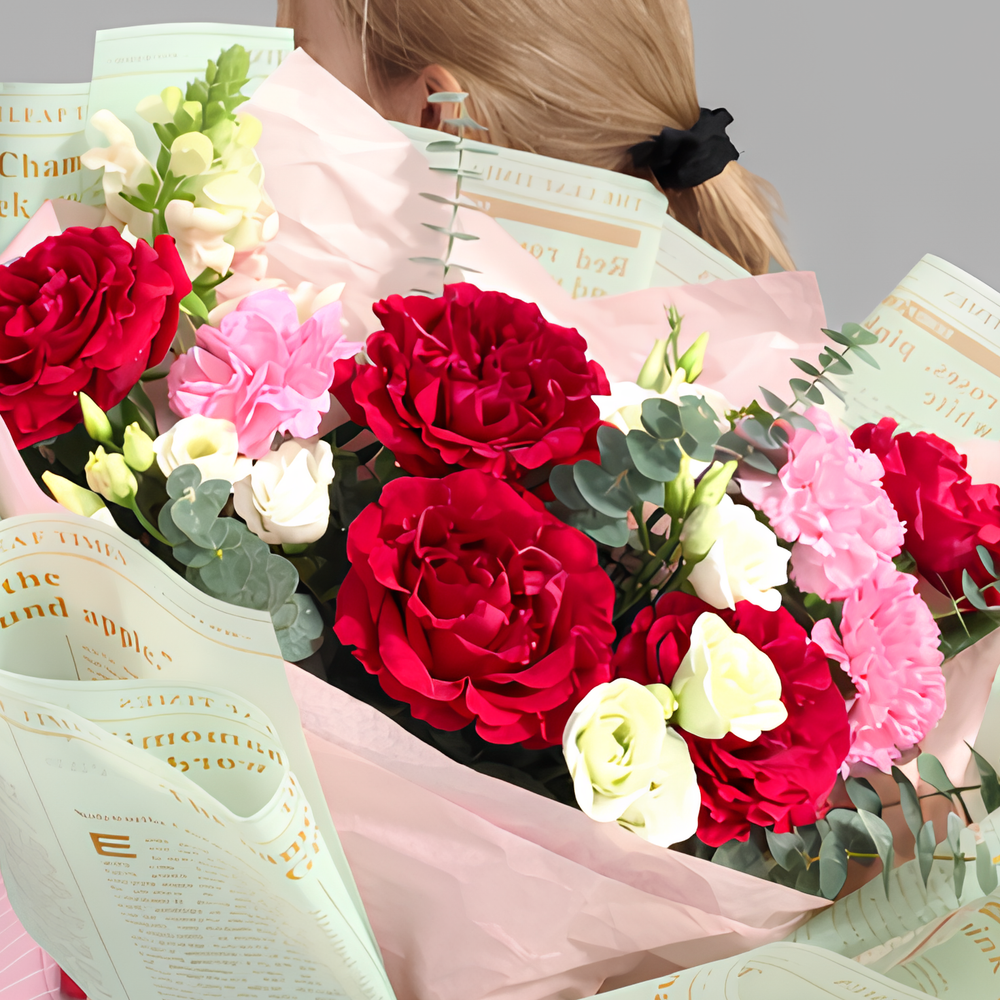 Букет из пионовидных роз, диантусов и эустомы в дизайнерской упаковке - РИМСКАЯ РОЗА фото №3