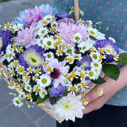 Корзина с кустовыми ромашками, хризантемами, сантини и астрой