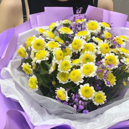 Букет из ромашковой Сантини и гипсофилы