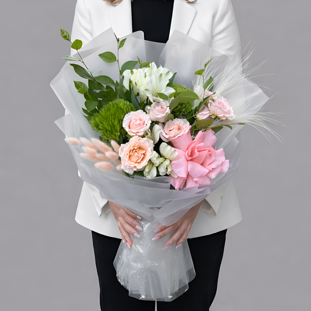 Букет из роз, французской розы, альстромерий и гвоздик - РИМСКАЯ РОЗА фото №2