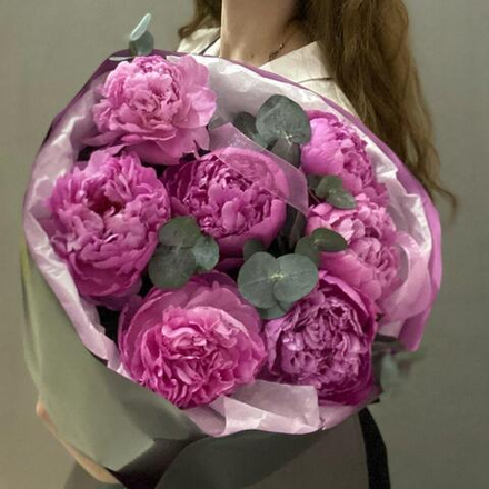 Пионы розовые 7 штук с эвкалиптом