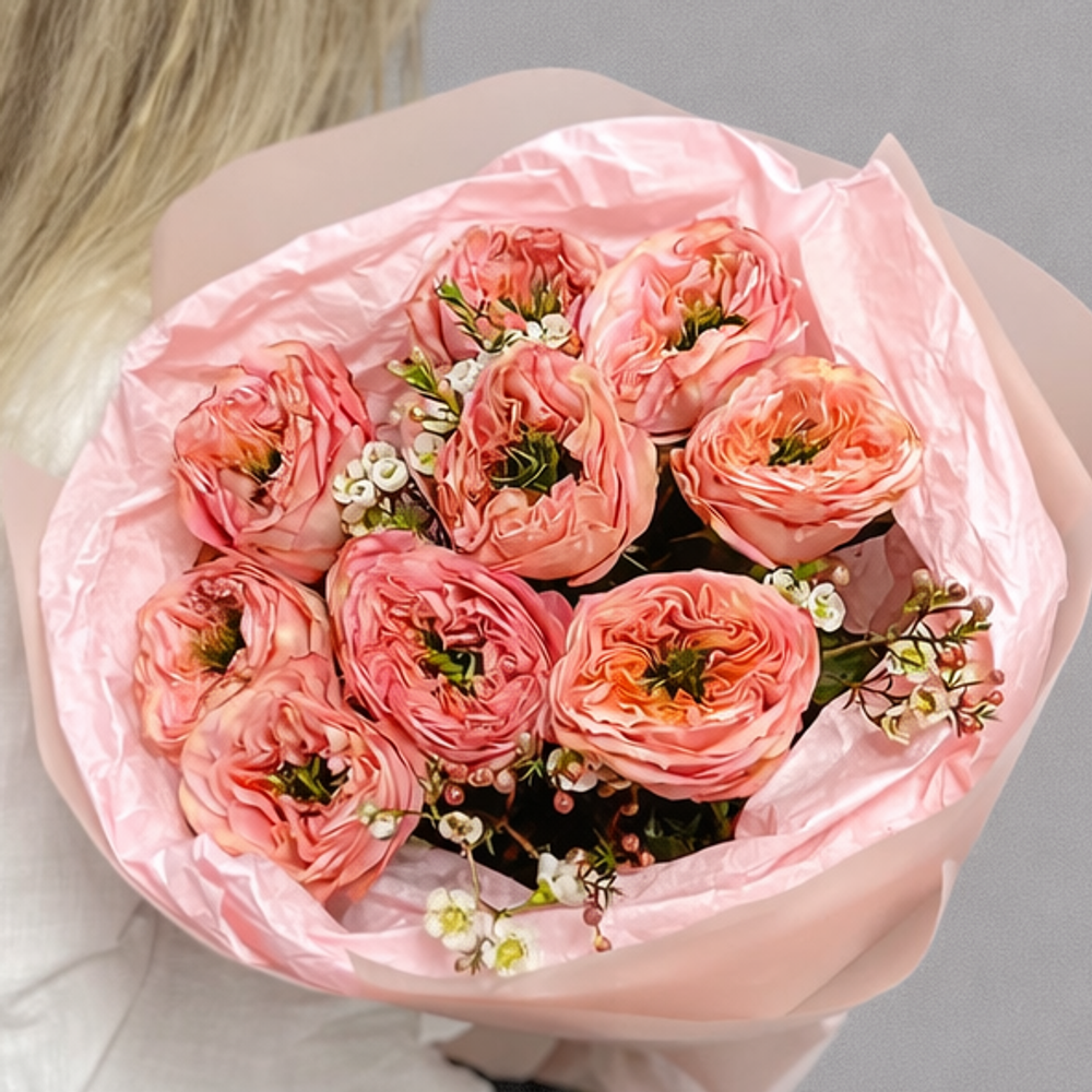 Букет из роз Мандарин Экспрешн (Mandarin Expression) 9 штук и хамелациума - РИМСКАЯ РОЗА фото №3