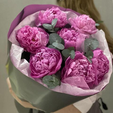 Пионы розовые 7 штук с эвкалиптом