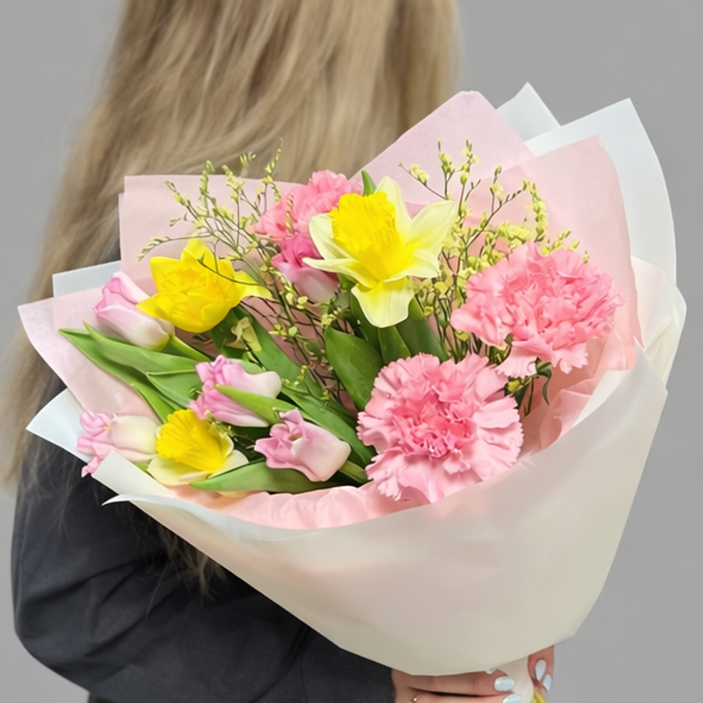 Букет из нарциссов, тюльпанов и диантусов в матовой упаковке - РИМСКАЯ РОЗА фото №4