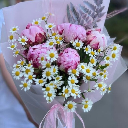 Розовые пионы и ромашки