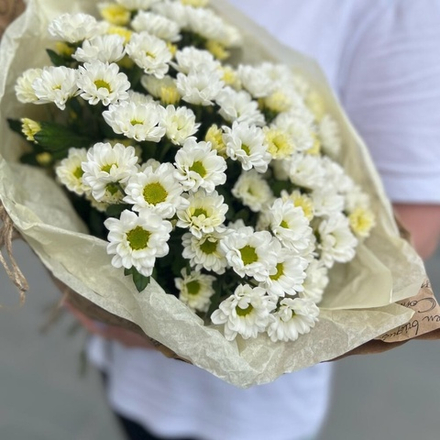 Букет из ромашковых кустовых хризантем в крафте