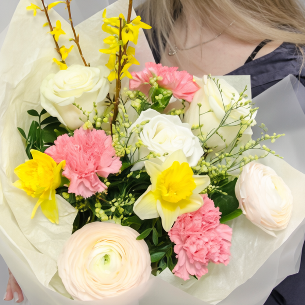 Букет из белых роз, ранункулюсов, нарциссов и веточек форзиции - РИМСКАЯ РОЗА фото №4