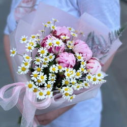 Розовые пионы и ромашки