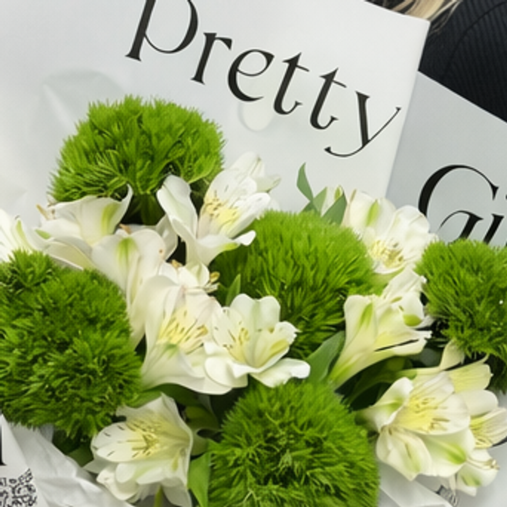 Букет из белых альстромерий и гвоздик Киви Меллоу в дизайнерской упаковке - РИМСКАЯ РОЗА фото №4