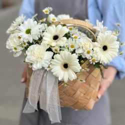 Корзина с ромашками, белыми герберами и ромашковой хризантемой - РИМСКАЯ РОЗА фото №4
